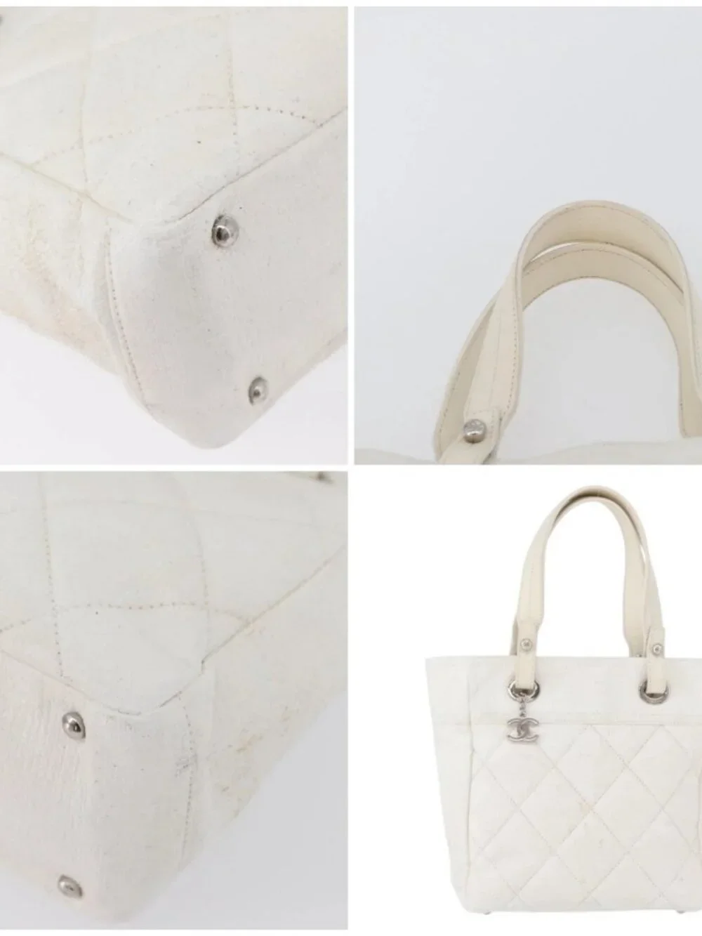 CHANEL Tote Bag Leather Silver White CC Auth BA10495